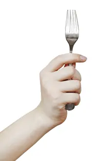 Female Eating Habits Drucke: Table fork in hand against white background