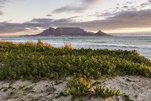 Uninhabited Coastal Landscape Drucke: Table Mountain, Lion's Head and Devil's Peak in the evening light