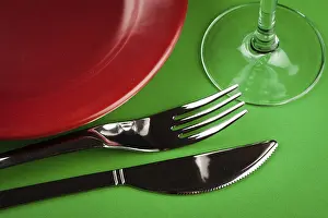 Porcelain Tableware Drucke: Table setting close up on green table