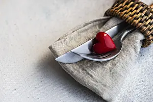 Copy Space For Text Drucke: Table setting for St. Valentines day dinner on stone background with copy space