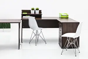 White Studio Photography Setup Drucke: Tables and plastic chairs with reflection on white background