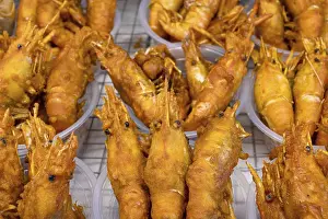 Drucke von Ein leckeres Display von tiefgefrorenen Garnelen, ein beliebtes Meeresfrüchtersnack, das in Straßenfoodständen und Nachtmarkten in Bangkok, Thailand verkauft wird Garnelen Drucke: Ein leckeres Anzeige von tiefgefrorenen Garnelen Schalentieren.