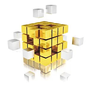 Teamwork Concept Drucke: Teamwork concept, metal cubes assembling into gold one