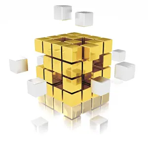 Teamwork Concept Drucke: Teamwork concept, metal cubes assembling into gold one