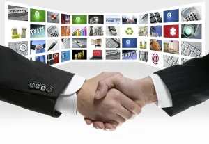 Bilder Datiert 9. Dezember 2024: Tech tv video communication screen rows handshake print