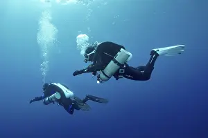 Giens Peninsula Dive Site Drucke: Two technical divers explore the blue water together