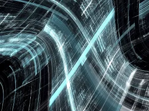 Computer Generated Image Drucke: Technology background - curved grid with stripes and light effects