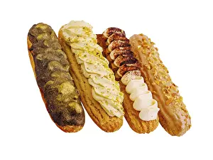 Chocolate Eclairs Drucke: A tempting display of four eclairs featuring chocolate
