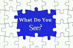 Blue Background Image Drucke: Text on missing jigsaw puzzle - What do you see