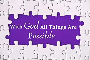 Christian Symbolism Drucke: Text on missing jigsaw puzzle - With God all things are possible