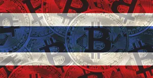Emerging Economy Blockchain Drucke: Thai flag with Bitcoins in the background
