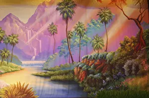 Drucke von Bühnenhintergrund mit einem friedlichen Wald Wald-Kunstwerk Drucke: Bühnenhintergrund mit einem friedlichen Wald.