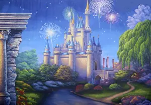 Historic Fortification Architecture Drucke: Theatre backdrop featuring a scene with fireworks exploding over a medieval castle
