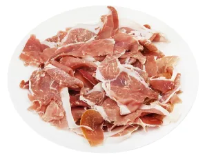 White Plate Background Drucke: Thinly sliced raw ham on white plate