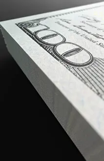 Dark Black Background Image Drucke: Ten thousand dollar stack of one hundred dollar bills close-up abstact