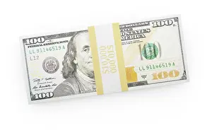 One Hundred Dollar Bill Drucke: Ten thousand dollars stack of one hundred dollar bills isolated on a white background