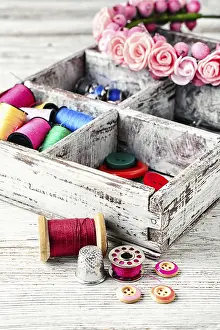 Traditional Handicrafts Drucke: Thread and buttons with beads sewing and needlework