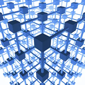 Abstract Concept Image Drucke: Three-dimensional grid structure made of blue cubes and rods