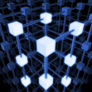 Symbolic Network Image Drucke: Three-dimensional grid structure made of blue and white cubes and rods