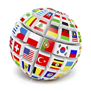 Symbolic World Map Drucke: ThreeD globe sphere with flags of the world on white