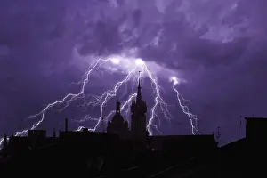 Deserted City At Night Drucke: Thunderstorm, lightning, sky, clouds, night