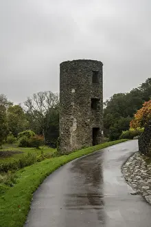 Burg Blarney Drucke: Turm im Blarney-Castle-Garten in Irland bei regnerischem Wetter.