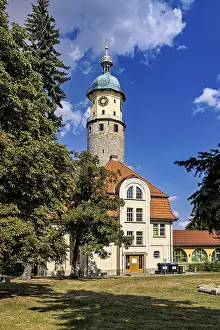 Central Europe Architecture Photos Drucke: Tower with clock and building in the foreground