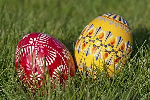 Traditional German Easter Eggs Drucke: Two traditionally hand-painted Easter eggs lie in the grass