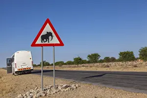 Namibia Road Safety Drucke: Traffic sign with warning of elephants, Namibia