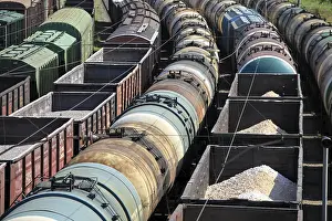 Deserted Rail Traffic Drucke: A train yard full of freight trains High Angle View