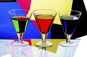 Colourful Beverage Drucke: Three transparent glasses with multi-coloured drinks