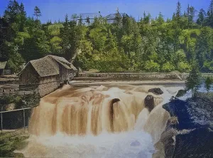 Upper Austria Waterfall Drucke: The Traunfall, a waterfall of the Traun in Upper Austria