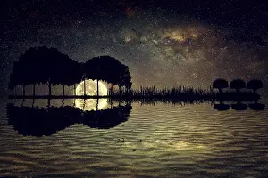Surrealismus Drucke: Bäume in Form einer Gitarre auf einem sternhellen Himmel im Vollmondnacht.