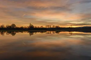 Sunset Winter Scene Drucke: Trees reflected in the water at sunset