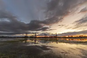 Deserted Winter Scene Europe Drucke: Trees reflected in the water at sunset