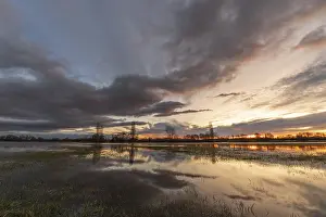 Drucke von Bäume, die sich im Wasser spiegeln, bei Sonnenuntergang. Winterlandschaft mit rotem und orangefarbenem Himmel. Bas-Rhin, Elsass, Grand Est, Frankreich Bas Rhin Drucke: Bäume, die sich im Wasser spiegeln, bei Sonnenuntergang.