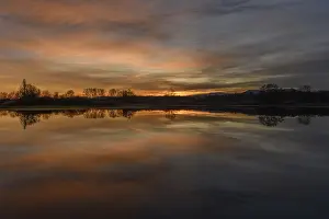 European Winter Landscapes Drucke: Trees reflecting in the water at sunset