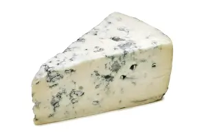 Blue Cheese Drucke: Triangular piece of gorgonzola cheese isolated on white background