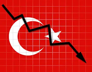 National Symbol Drucke: The Turkish flag and arrow graph going down