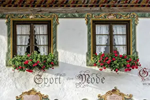 Ornamental Plant Decoration Germany Drucke: Typical Luftlmalerei around window with geraniums