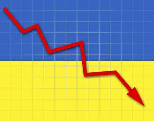 Uninhabited European Landscapes Drucke: The Ukrainian flag and arrow graph going down