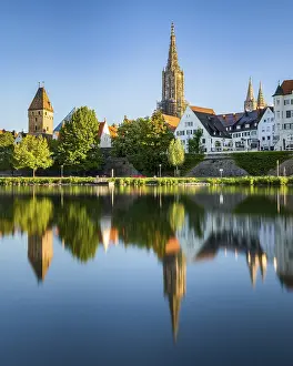 Southern Germany Landmarks Drucke: Ulm with Minster Curch and reflection in river danube in spring