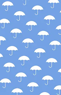 Plain Blue Background Image Drucke: Umbrella pattern. White umbrellas on a blue background