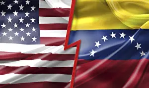 Drucke von Vereinigte Staaten und Venezuela-Flaggen, die sich mit einem roten Blitzschlag trennen, symbolisieren Konflikt Venezuela Drucke: Vereinigte Staaten und Venezuela-Flaggen