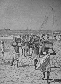 West African Coastal Landscape Drucke: Unloading a ship on the beach, Historic