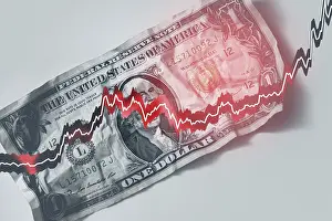 Capital Market Crisis Drucke: USD bill with raising sparkline chart