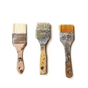 Painting Tools Drucke: Three used flat brushes in a row for paint