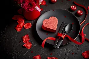 Close Up Plate Details Drucke: Valentines day, table setting and romantic dinner concept