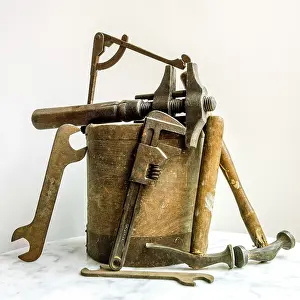Old Tools Drucke: Variety of old tools on a white background