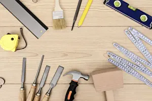 Measuring Tape Image Drucke: Various carpentry tool top view copy space